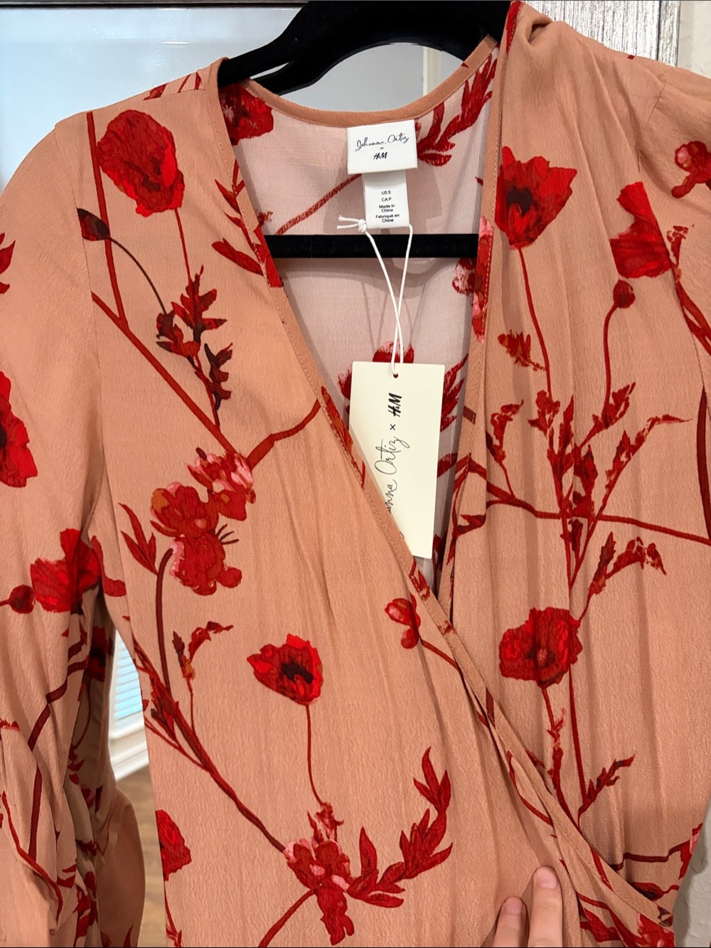 Johanna Ortiz by H&M Blush Pink Wrap Dress with Red Floral Print NWT